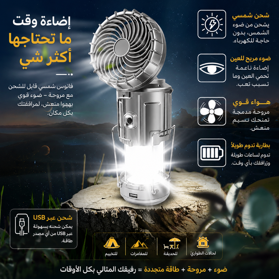 🌞🔋💡 فانوس شمسي قابل للشحن – ضو محمول للرحلات وحالات الطوارئ
